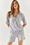 Women's Gray Polo Collar Top Pocket Shorts Ribbed Suit TKM-19000197