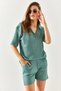 Women's Mint Green Polo Collar Top Pocket Shorts Ribbed Suit TKM-19000197 - 4