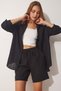 Women's Black Summer Linen Shirt Shorts Set DZ00087 - 3