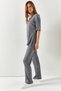 Women's Anthracite V-Neck Top Palazzo Corded Fabric Bottom Set TKM-19000212