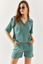Women's Mint Green Polo Collar Top Pocket Shorts Ribbed Suit TKM-19000197 - 2