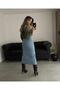 Midi Denim Skirt with Slit High Waist Sweet Blue - 2