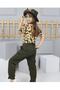 Girl's Sunflower Patterned Blouse and Khaki Color Pants Set with Hat and Bottom and Top - 2