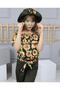 Girl's Sunflower Patterned Blouse and Khaki Color Pants Set with Hat and Bottom and Top - 4