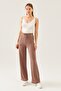 Women's Light Brown Knitted Fabric Wide Leg Trousers with Elastic Waist