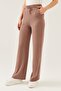 Women's Light Brown Knitted Fabric Wide Leg Trousers with Elastic Waist - 2