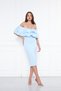 Baby Blue Boat Neck Ruffle Detail Stretch Fabric Off-Shoulder Midi Length Evening Dress Pencil Dress - 4