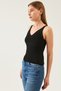 Women's Black Sleeveless Strappy Summer Athlete Knitwear Blouse with Waist and Collar Detail - 3
