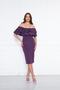 Plum Boat Neck Ruffle Detail Stretchy Fabric Off Shoulder Midi Length Evening Pencil Dress - 4