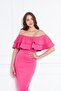 Fuchsia Boat Neck Ruffle Detail Stretch Fabric Off Shoulder Midi Length Evening Dress Pencil Dress - 6