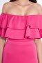 Fuchsia Boat Neck Ruffle Detail Stretch Fabric Off Shoulder Midi Length Evening Dress Pencil Dress - 7