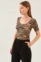 Women's Brown Zebra Pattern U-Neck Short Sleeve Viscose Blouse - 4