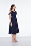Women's Adjustable Strap Collar Ruffle Detail Woven Fabric Pleated Flared Midi Length Evening Dress - 3