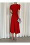 Women's Red Crepe Fabric Midi Length Belted Graduation Wedding Wedding Dress - 4