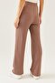 Women's Light Brown Knitted Fabric Wide Leg Trousers with Elastic Waist - 5