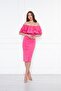 Fuchsia Boat Neck Ruffle Detail Stretch Fabric Off Shoulder Midi Length Evening Dress Pencil Dress