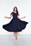 Women's Adjustable Strap Collar Ruffle Detail Woven Fabric Pleated Flared Midi Length Evening Dress