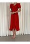 Women's Red Crepe Fabric Midi Length Belted Graduation Wedding Wedding Dress - 5