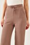 Women's Light Brown Knitted Fabric Wide Leg Trousers with Elastic Waist - 3