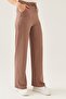 Women's Light Brown Knitted Fabric Wide Leg Trousers with Elastic Waist - 4