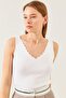 Women's White Sleeveless Thick Strap Ladder Collar Summer Athlete Knitwear Blouse - 4