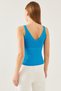 Women's Blue Sleeveless Strappy Summer Athlete Knitwear Blouse with Waist and Collar Detail - 3