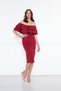 Burgundy Boat Neck Ruffle Detail Stretch Fabric Off Shoulder Midi Length Evening Dress Pencil Dress - 5