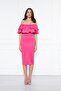 Fuchsia Boat Neck Ruffle Detail Stretch Fabric Off Shoulder Midi Length Evening Dress Pencil Dress - 2