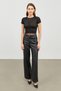 Women's Black Stripe Detailed Short Sleeve Tulle Transparent Blouse - 5