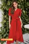 Women's Red, Crepe Fabric Midi Length Belted Dress - 2