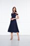 Women's Adjustable Strap Collar Ruffle Detail Woven Fabric Pleated Flared Midi Length Evening Dress - 6