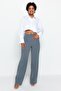 Indigo Yüksek Bel Wide Leg/Geniş Paça Pilili Dokuma Kumaş Pantolon TWOAW21PL0076 - 5