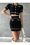 Women's Polo Collar Pearl Buttoned Black Color Skirt/crop Double Set - 2