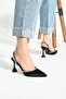 Women's Black Double Stripe Stone Heeled Shoes - 6