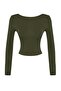 Khaki Deep Backless Fitted Cotton Stretchy Knitted Blouse TWOAW24BZ00173 - 6