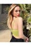 Women's Stylish and Elegant Front Gathered Strappy Draped Crop Blouse Oil Green - 4