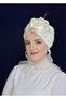 Pearl Embroidered Rose Detailed Non-Filled Muslim Bridal Bonnet, Ready Shawl Turban and Veil Tulle - 3