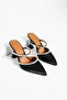 Women's Black Double Stripe Stone Heeled Shoes - 2