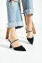 Women's Black Double Stripe Stone Heeled Shoes - 3