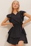 Women's Black V-neck Layered Flounce Linen Dress ALC-X10644 - 3