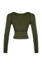 Khaki Deep Backless Fitted Cotton Stretchy Knitted Blouse TWOAW24BZ00173 - 8