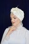 Pearl Embroidered Rose Detailed Non-Filled Muslim Bridal Bonnet, Ready Shawl Turban and Veil Tulle - 2