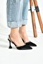 Women's Black Double Stripe Stone Heeled Shoes - 5