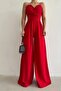 Women's Red, Imported Crepe Fabric Strap Wide Leg Jumpsuit Dress - 3