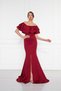 Burgundy Boat Neck Ruffle Detail Stretch Fabric Off-Shoulder Maxi Length Evening Dress Fish Dress