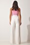 Women's White Velcro Closure Loose Linen Trousers BV00074 - 2