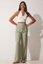 Women's Green Velcro Closure Loose Linen Trousers BV00074 - 3