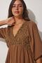 Women's Brown Guipure Detailed Summer Mini Linen Jumpsuit NO00016 - 3