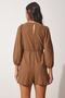 Women's Brown Guipure Detailed Summer Mini Linen Jumpsuit NO00016 - 5