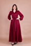 Burgundy Double-Breasted Collar Long Sleeve Buttoned Cuff Long Length Belted Dress - 7